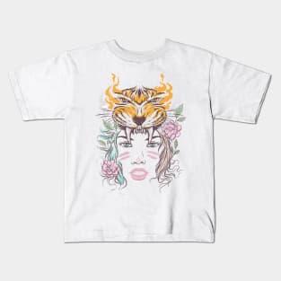 beautiful lady face with tiger head and flowers Kids T-Shirt